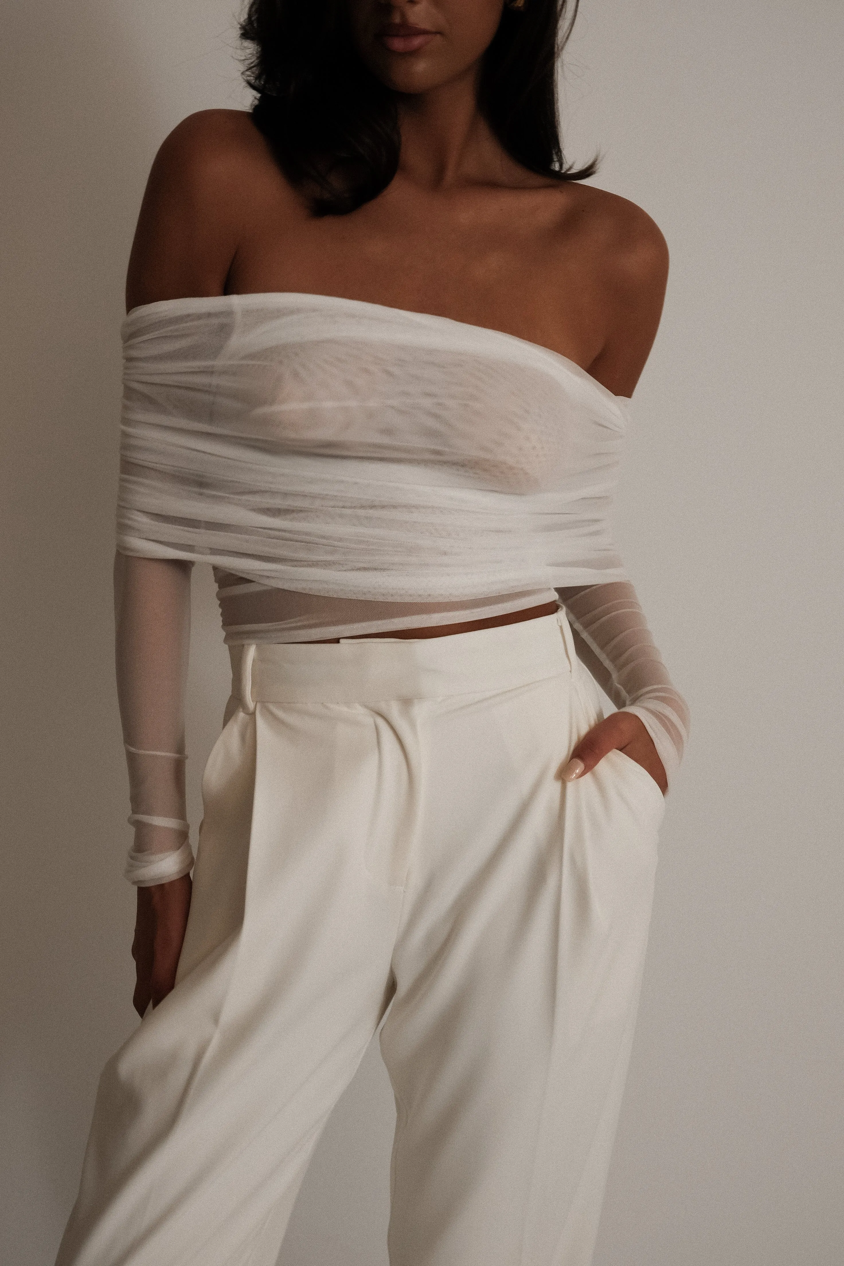 Everly Sheer Off Shoulder Mesh Top - Ivory