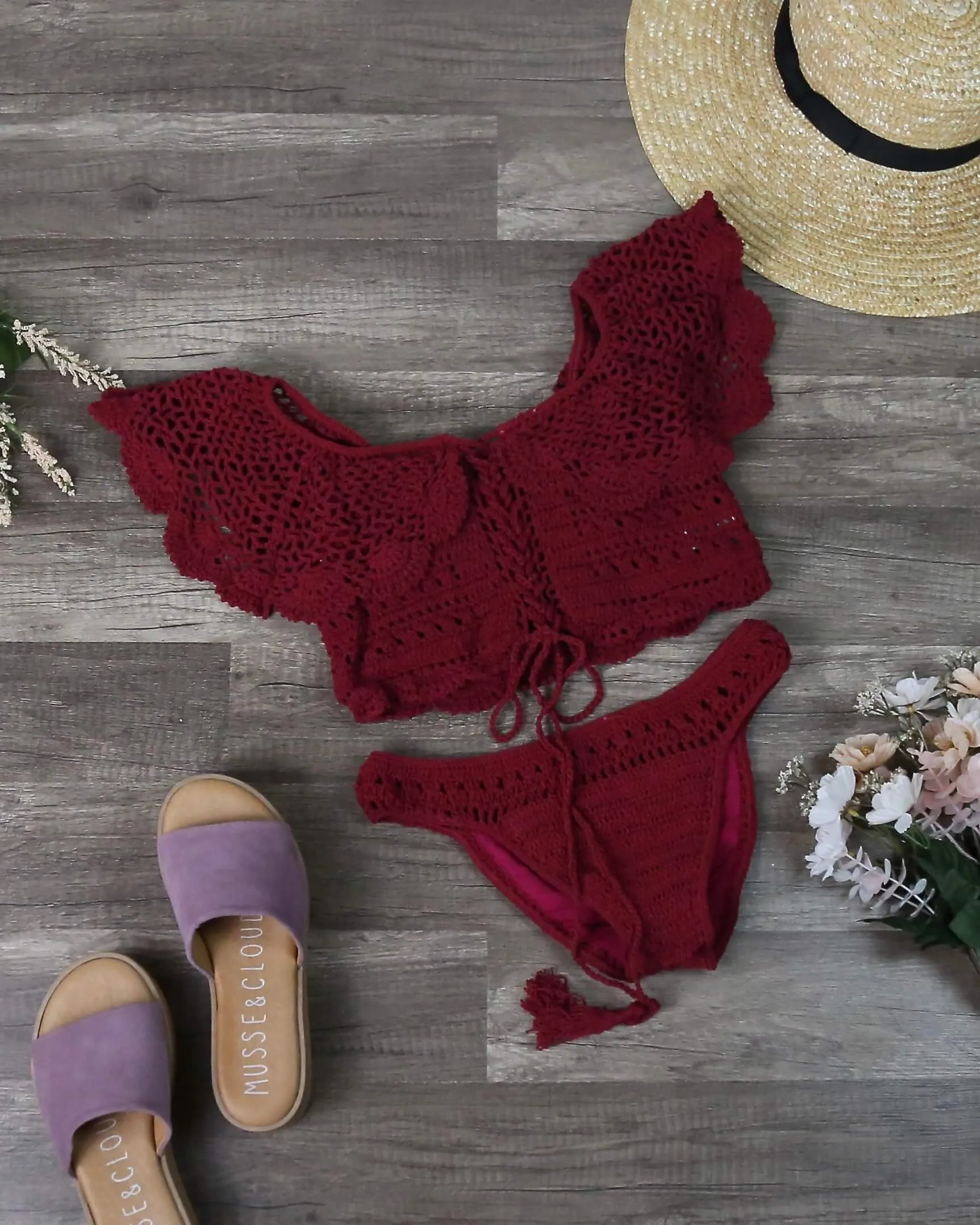 Final Sale - Crochet Off The Shoulder Bikini Set in Burgundy