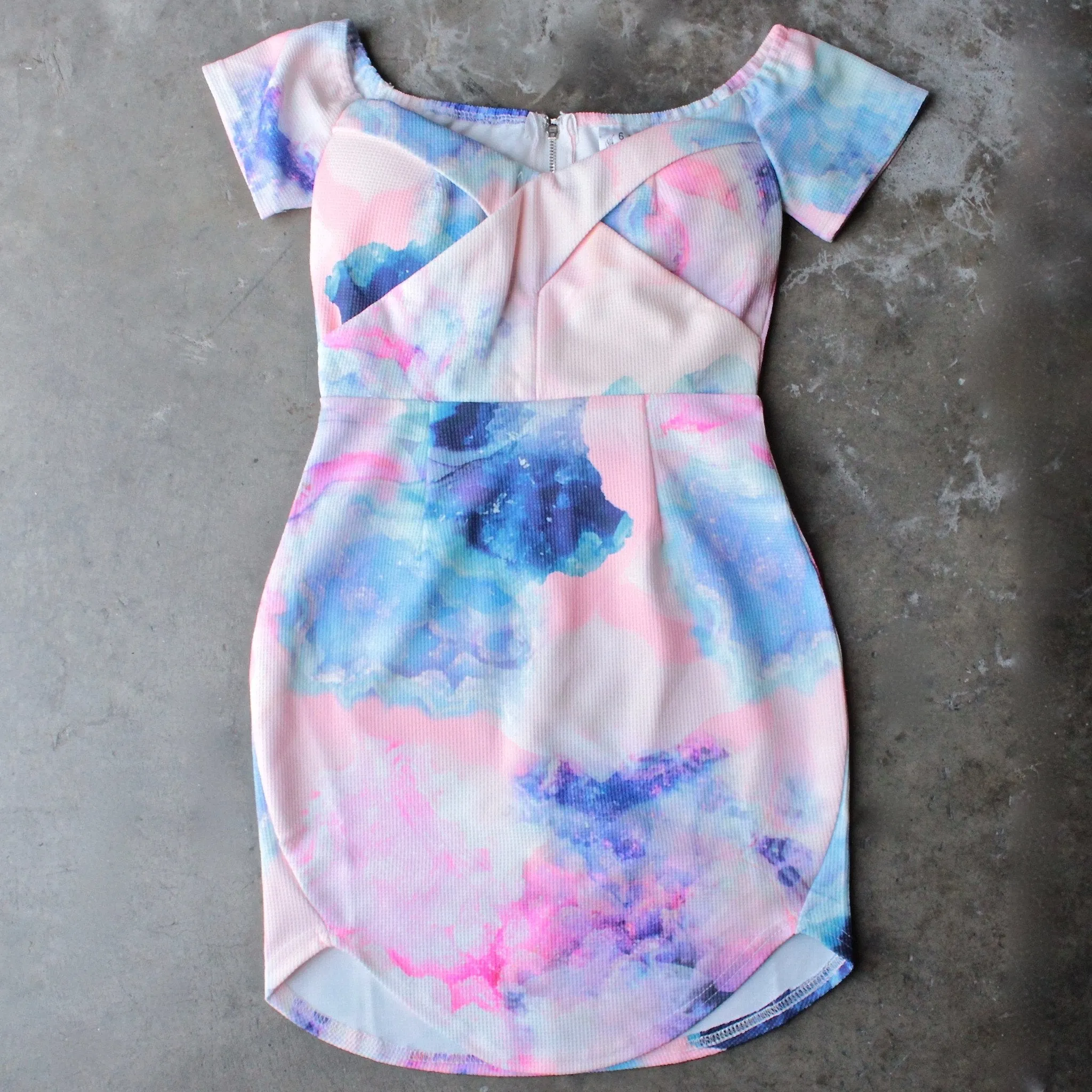 Final Sale - Dreamy Off The Shoulder Watercolor Bodycon Dress