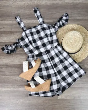 Final Sale - Gingham Romper With Off The Shoulder Frills