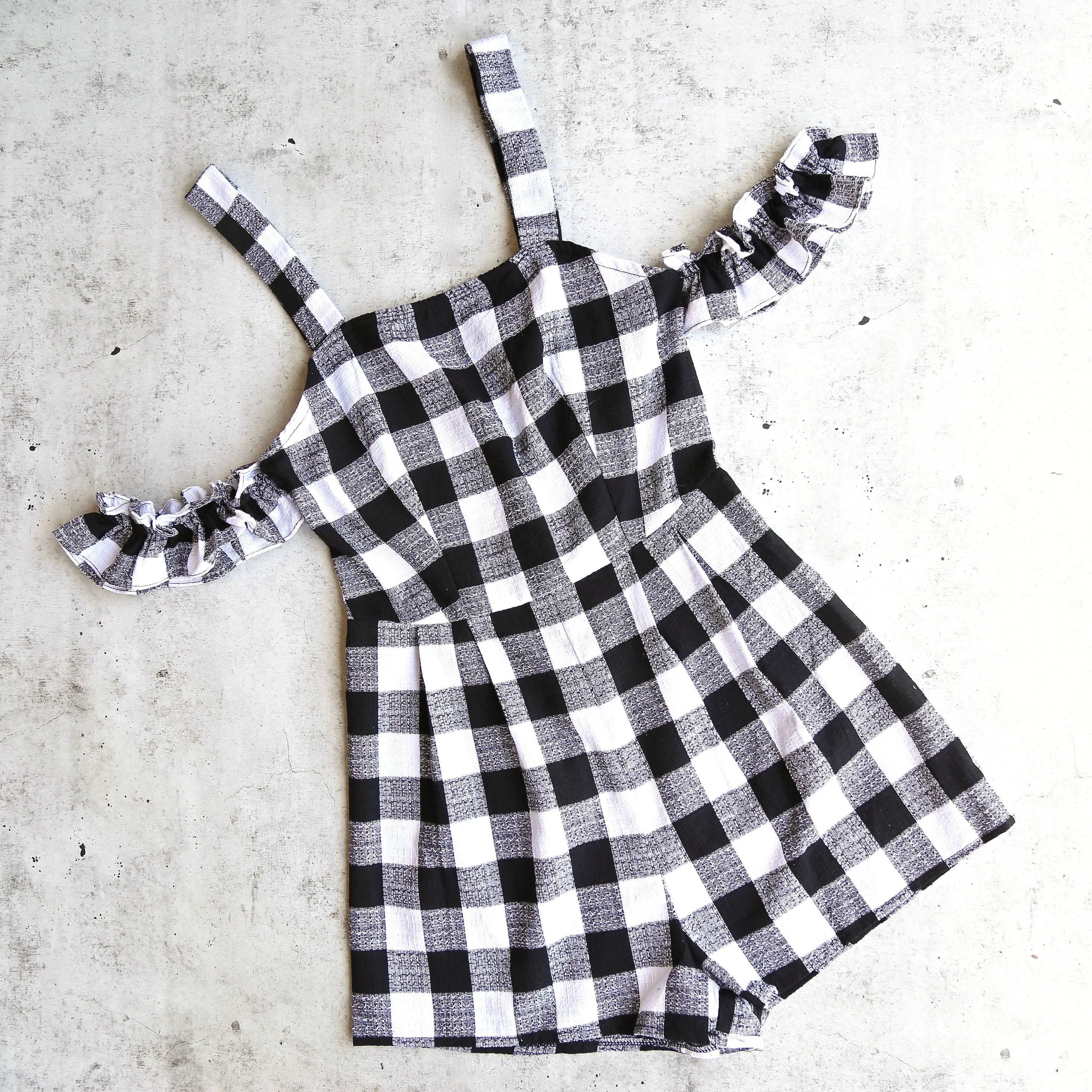 Final Sale - Gingham Romper With Off The Shoulder Frills