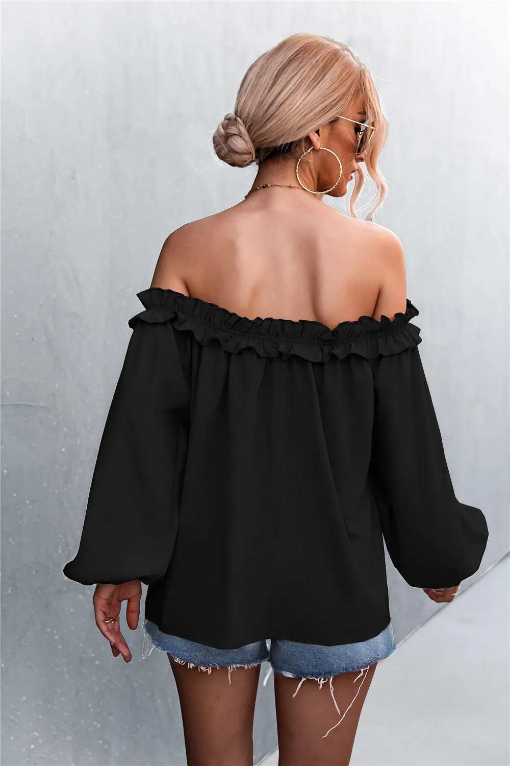 Frill Trim Off-Shoulder Balloon Sleeve Top