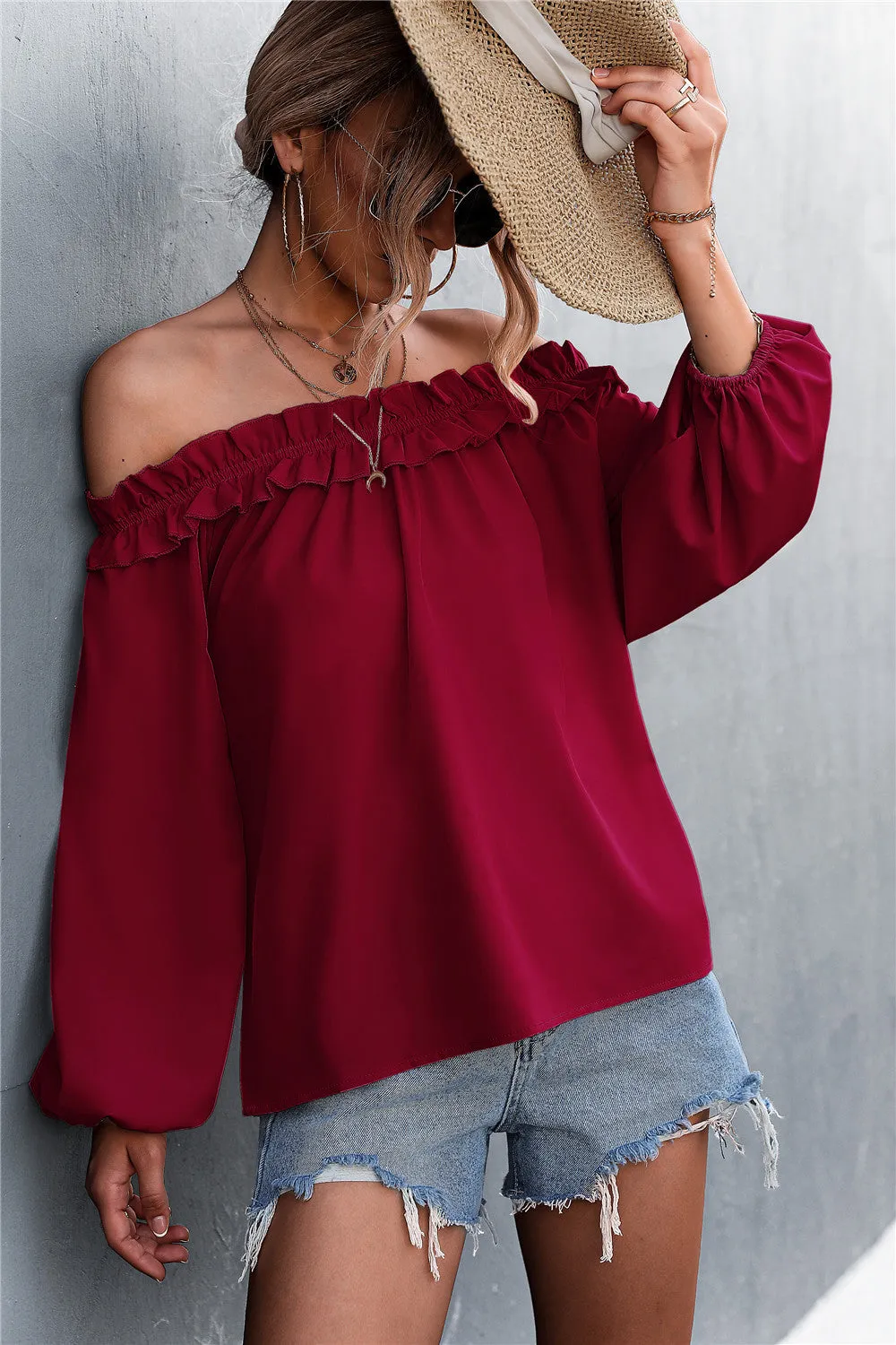 Frill Trim Off-Shoulder Balloon Sleeve Top