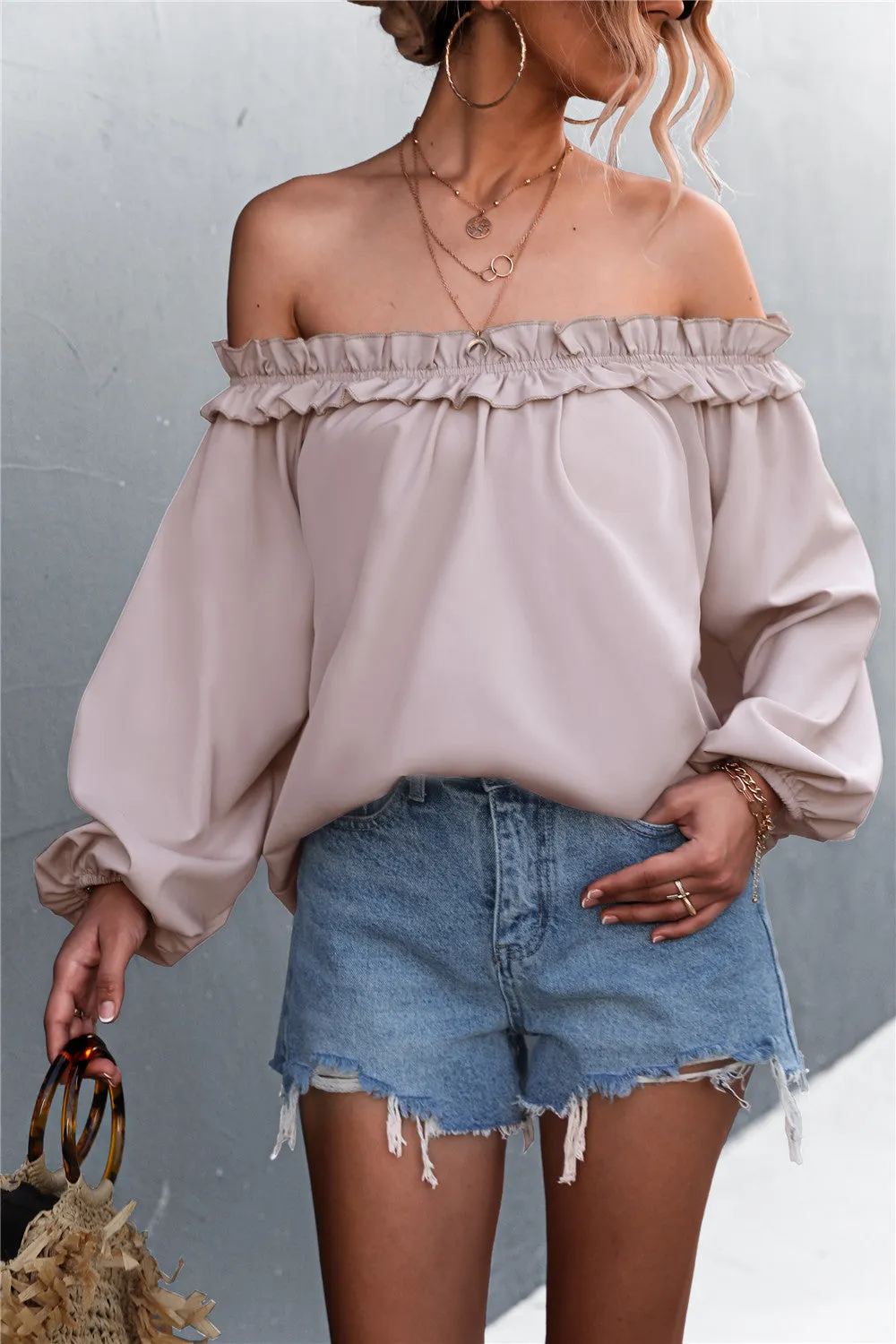 Frill Trim Off-Shoulder Balloon Sleeve Top