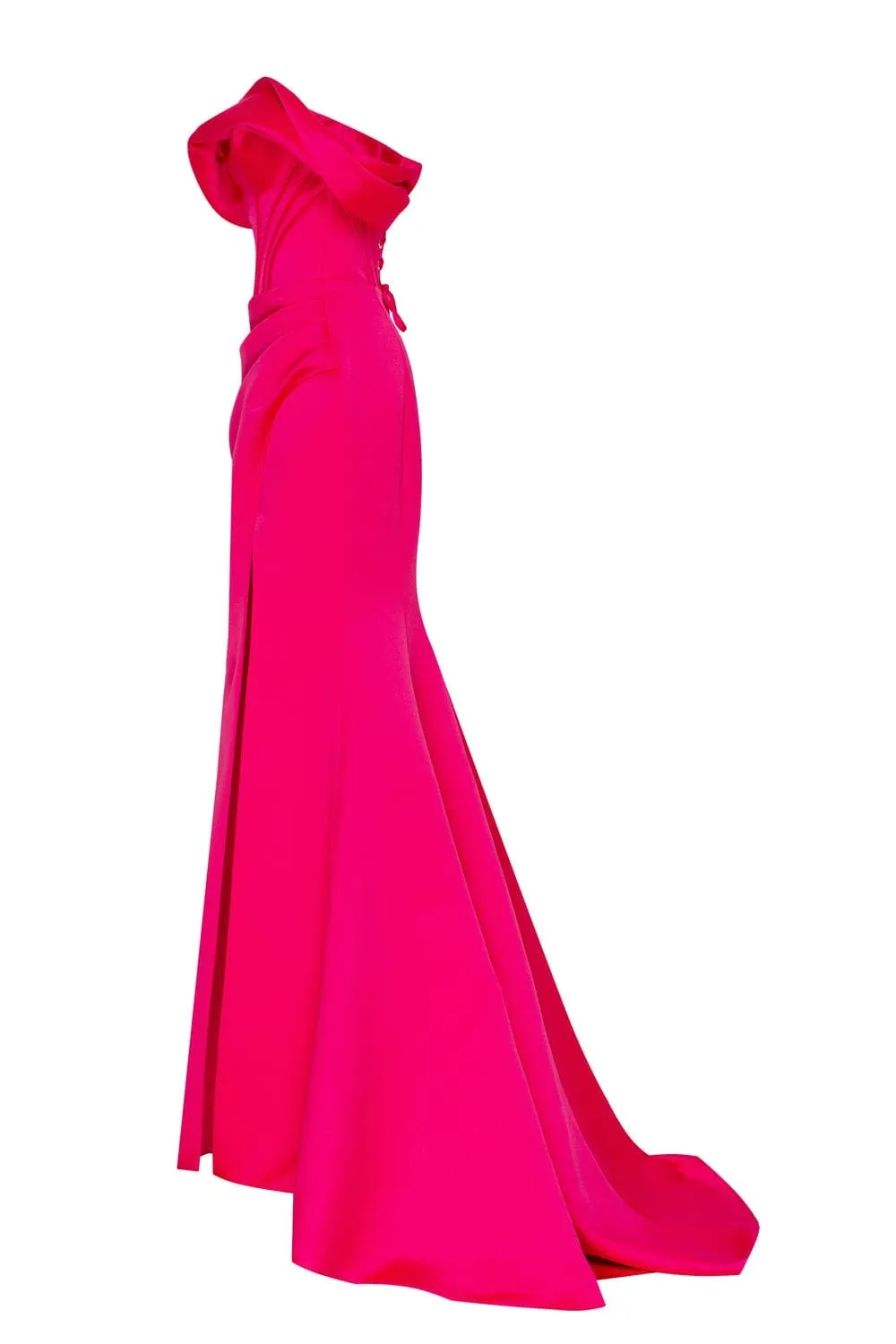 Fuchsia Princess strapless gown with thigh slit