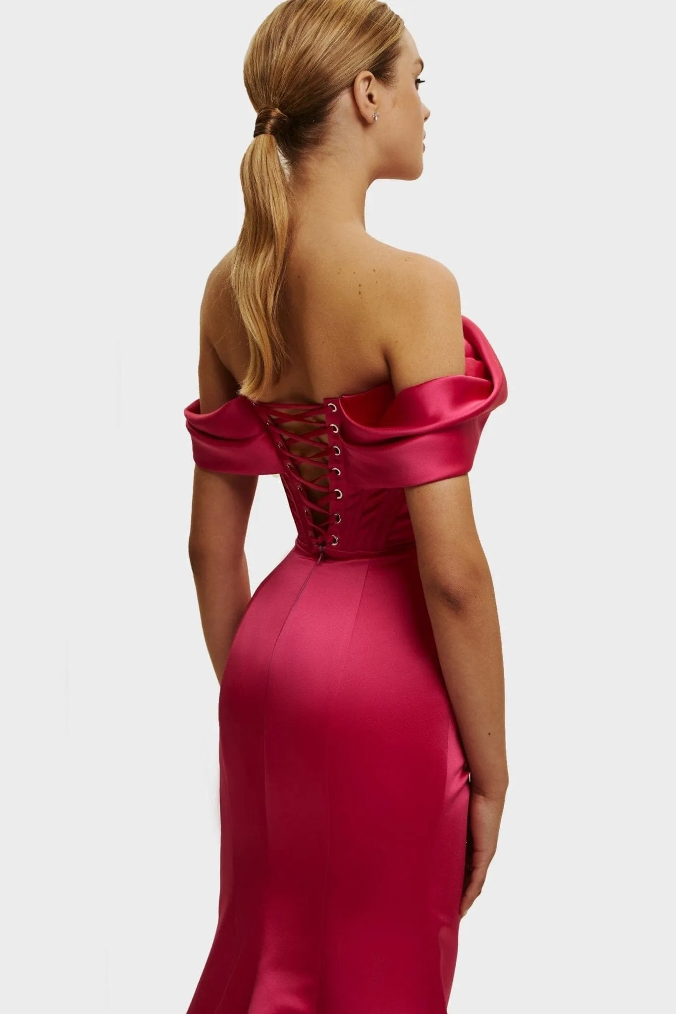 Fuchsia Princess strapless gown with thigh slit