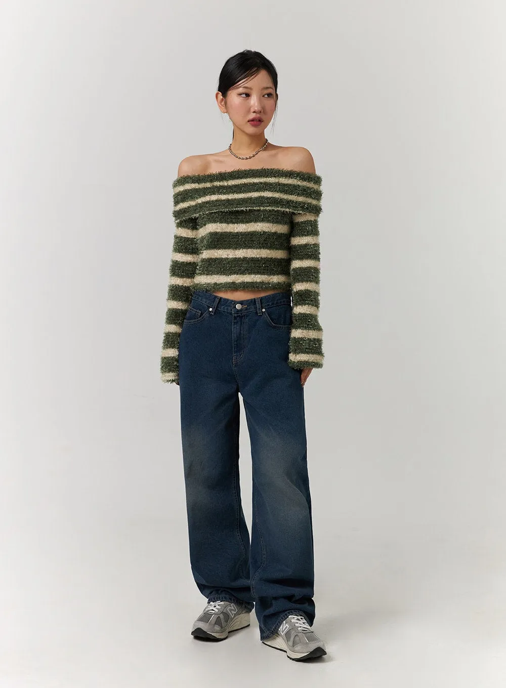 Fuzzy Striped Off-Shoulder Wool-Blend Long Sleeve Sweater CD329