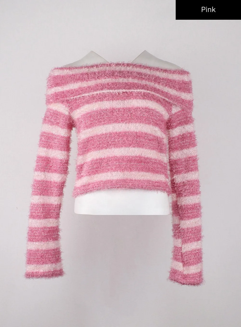 Fuzzy Striped Off-Shoulder Wool-Blend Long Sleeve Sweater CD329