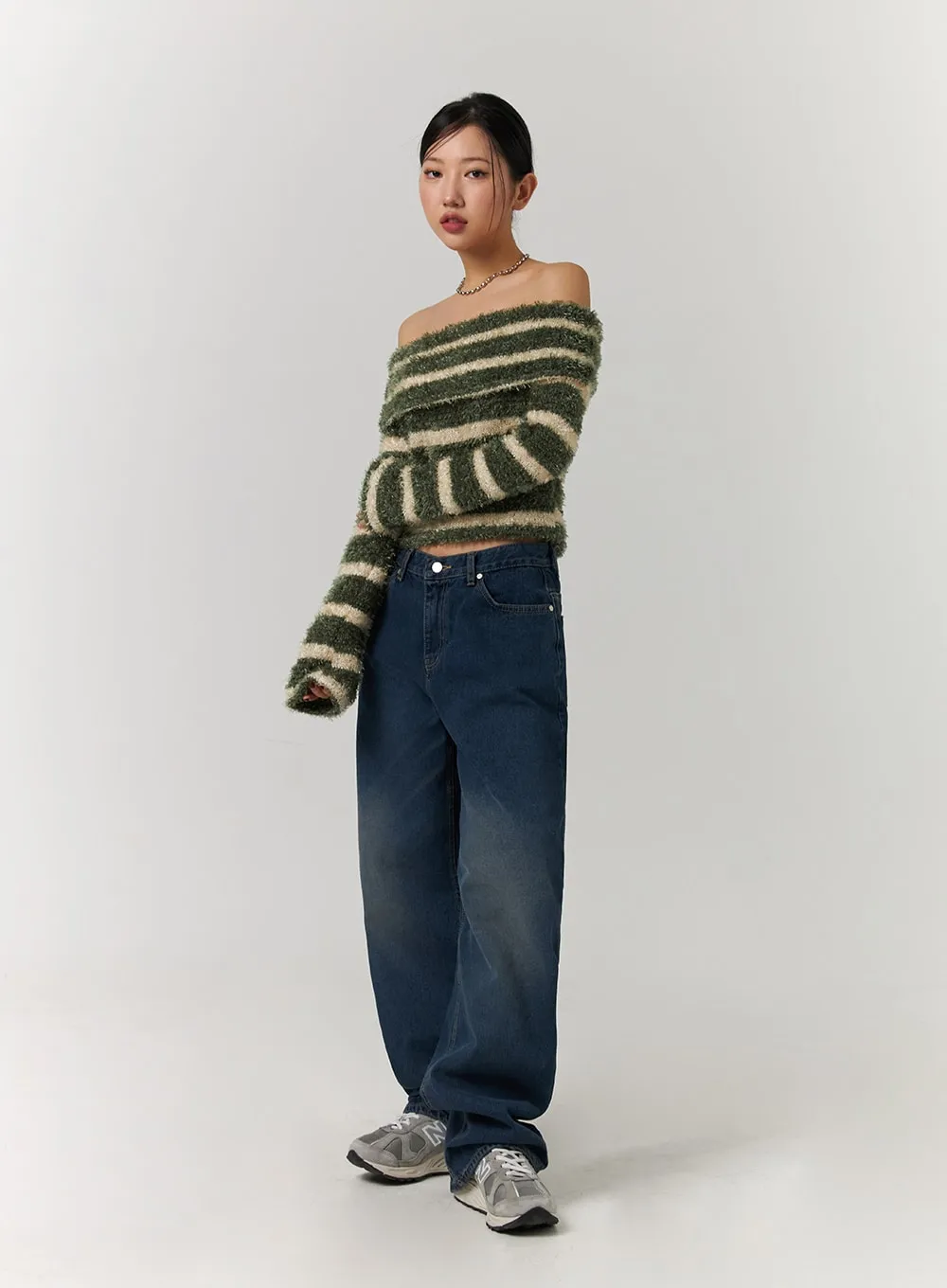 Fuzzy Striped Off-Shoulder Wool-Blend Long Sleeve Sweater CD329