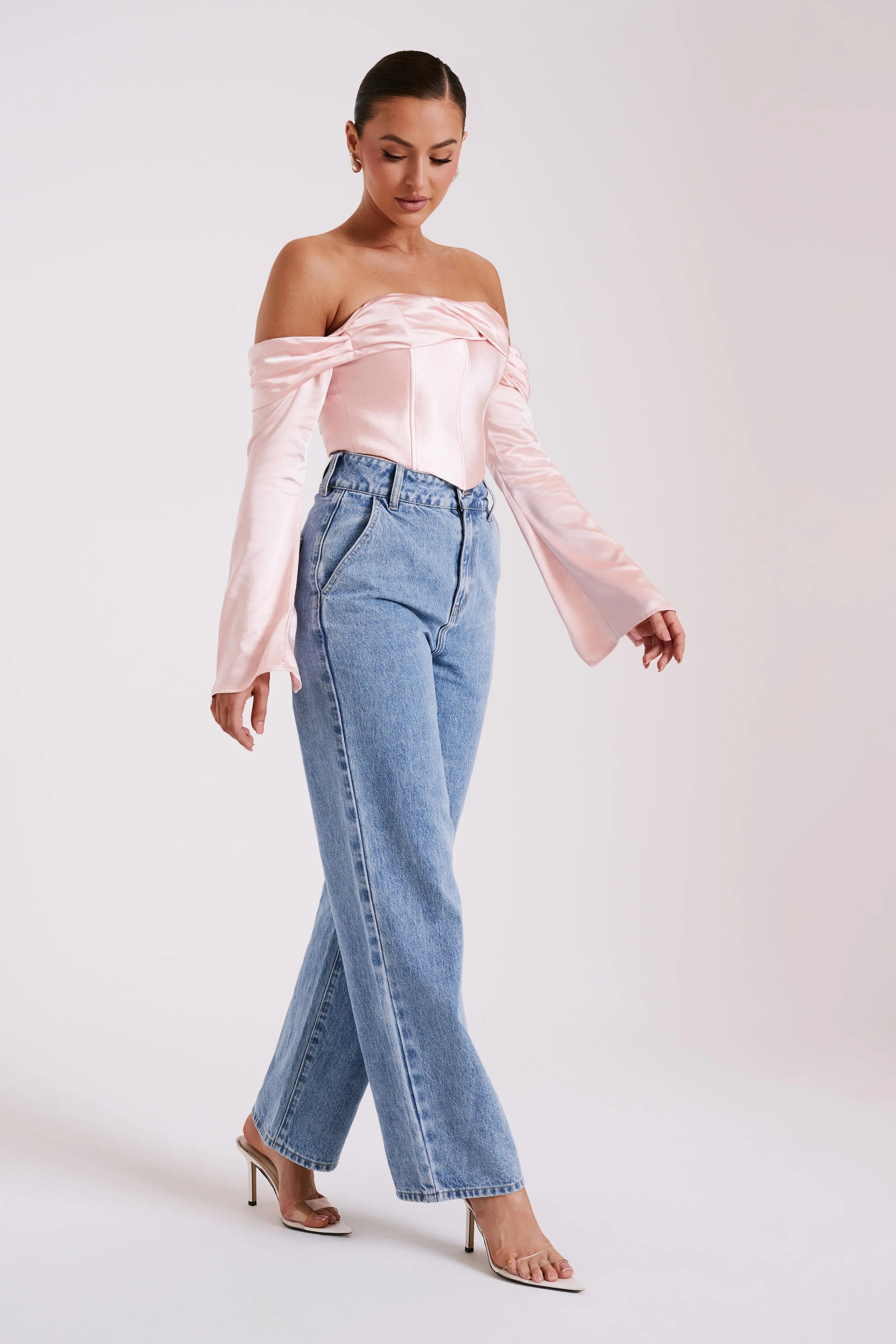 Giselle Satin Off Shoulder Top - Baby Pink