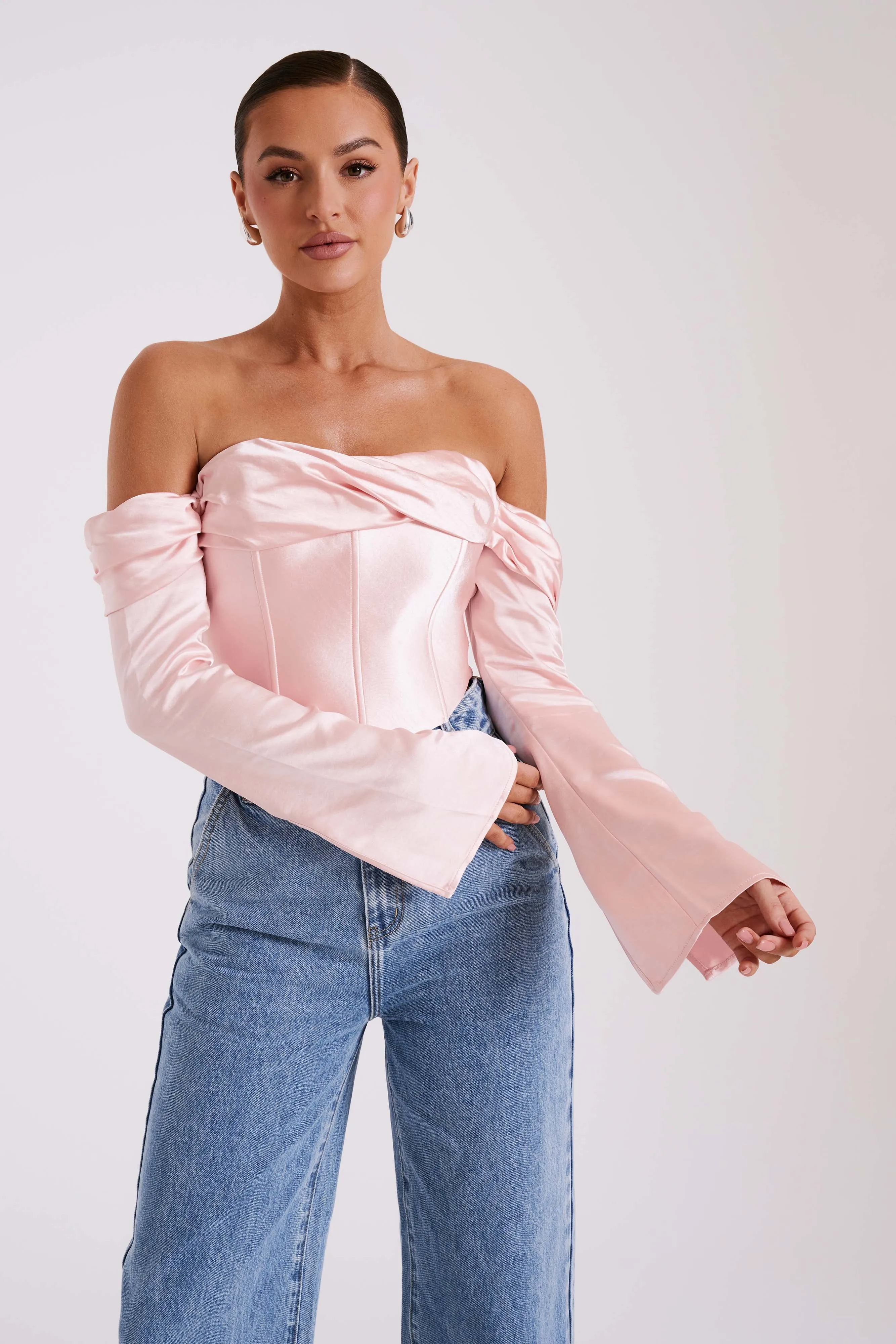 Giselle Satin Off Shoulder Top - Baby Pink