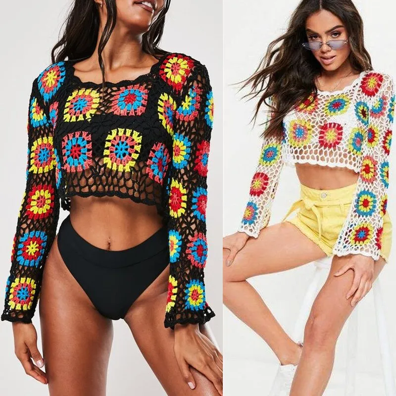 Granny Square Long Sleeve Top Colorful Crochet Crop Top Hand Crocheted Off The Shoulder Beach Festival Summer Blouse Choose Beige White Or Black In Small Medium Or Large