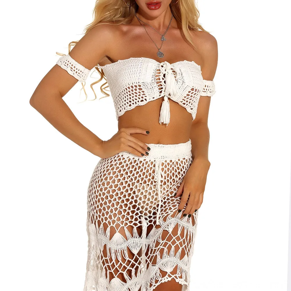 Hand Crochet Crop Top & Flare Skirt 5 Different Colors Sold Separately Lace Up Front Off The Shoulder Top & Crocheted A Line Beach Skirt Bikini Cover Up White Blue Lake Green Rust Red Or Black One Size