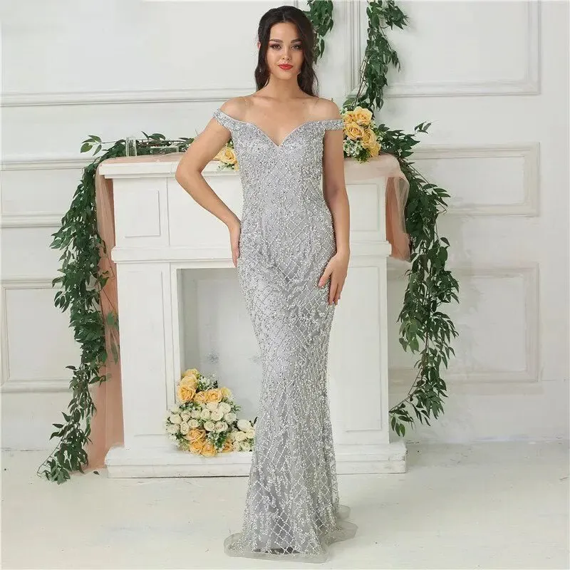 Jovanni Beading Off Shoulder Evening Gown