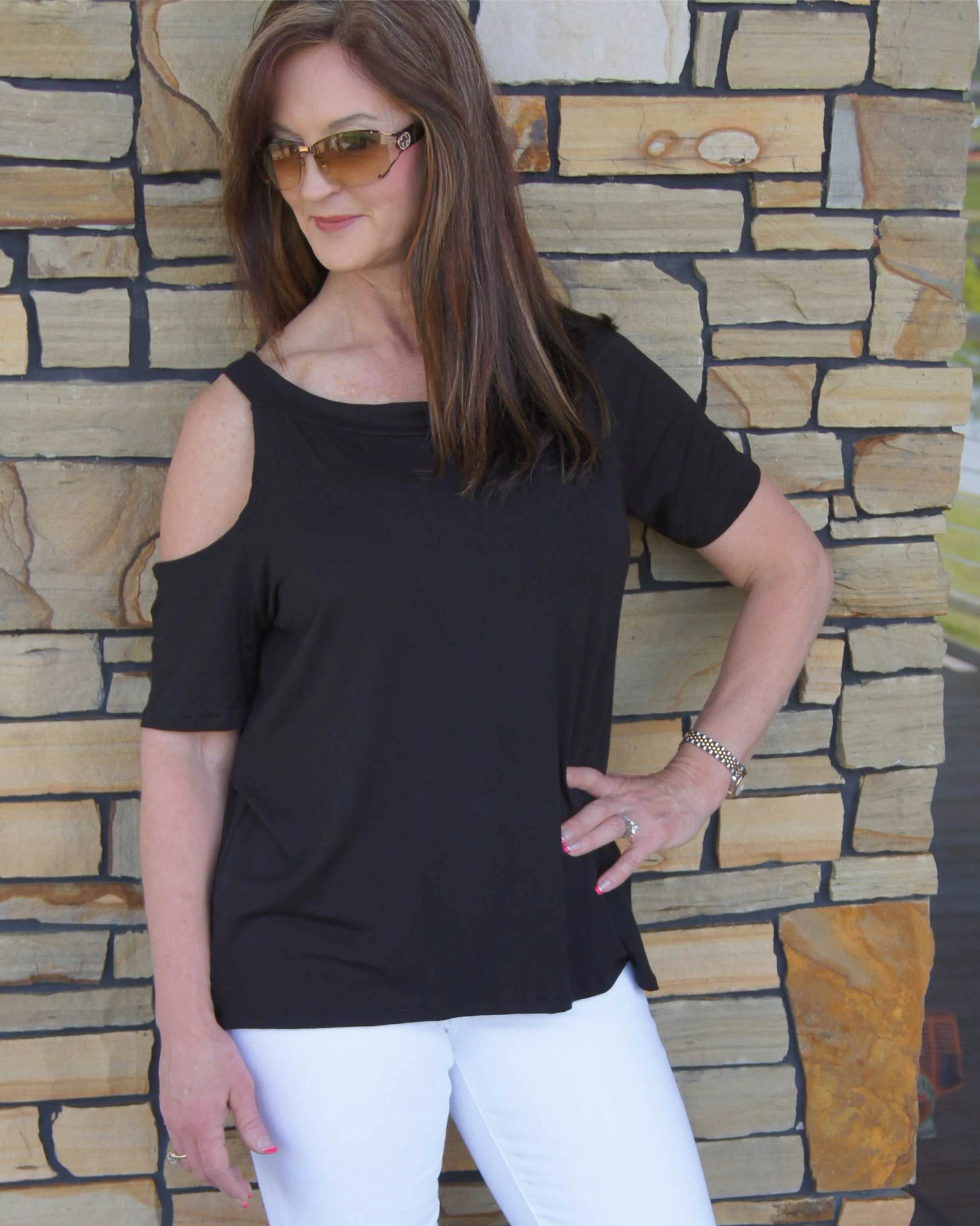 Katie Solid Black/Olive Cold Shoulder Top