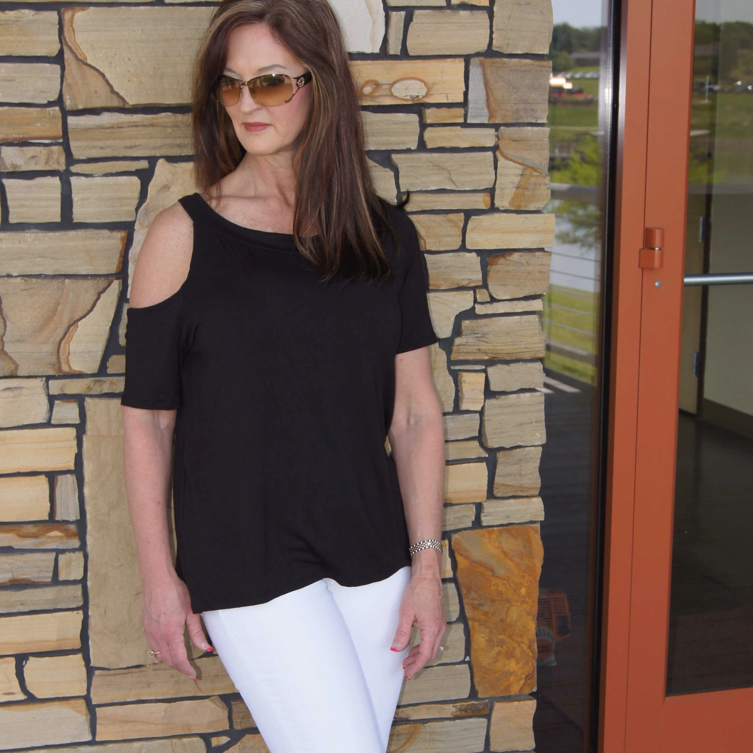 Katie Solid Black/Olive Cold Shoulder Top