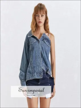 Kent Denim Jacket- One Shoulder Denim Jacket for Women Long Sleeve Asymmetrical side Split top