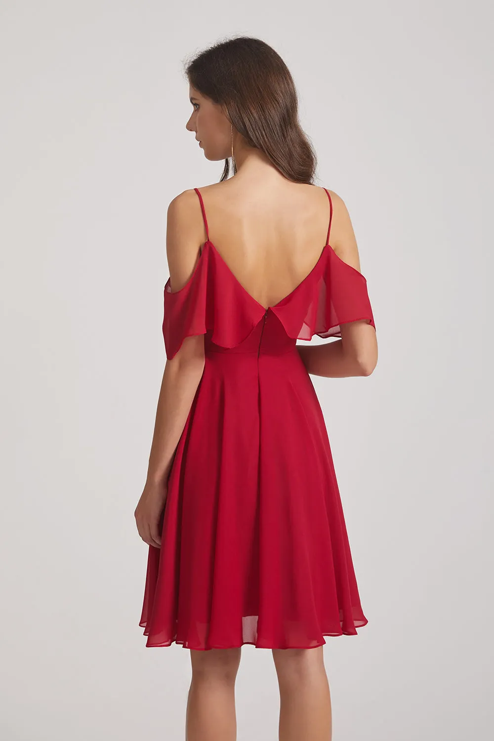 Knee Length Cold Shoulder Flounce Chiffon Bridesmaid Dresses (AF0079)