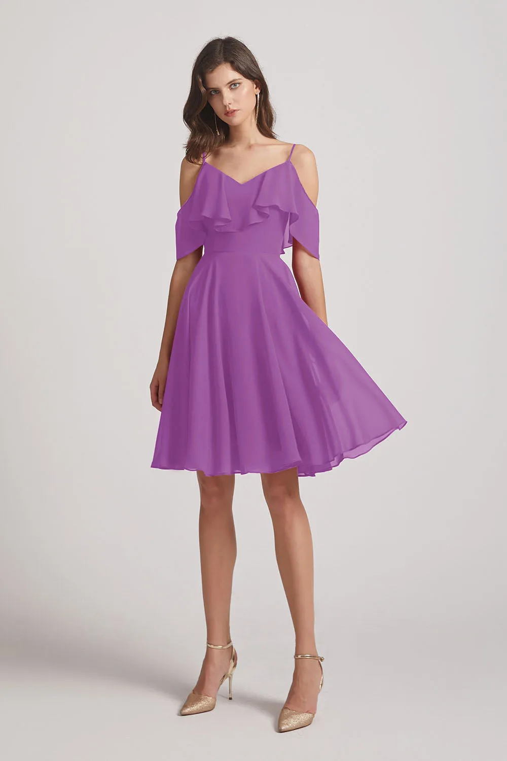 Knee Length Cold Shoulder Flounce Chiffon Bridesmaid Dresses (AF0079)