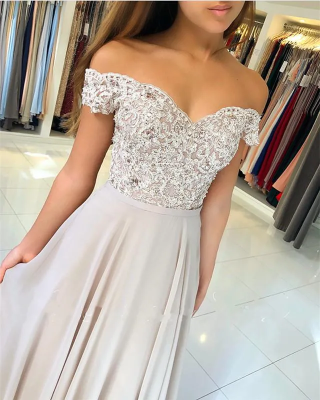 Lace Appliques V-neck Off The Shoulder Long Chiffon Prom Dresses