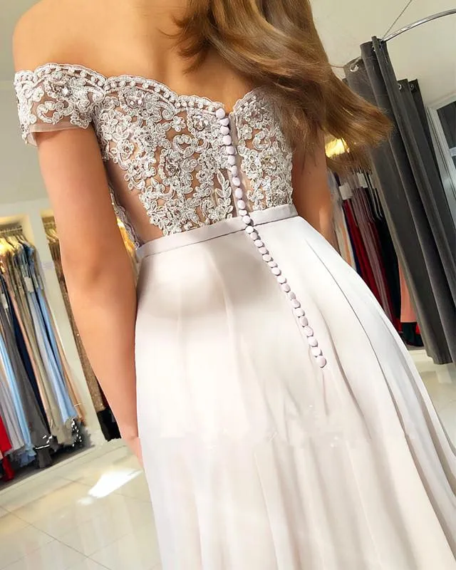 Lace Appliques V-neck Off The Shoulder Long Chiffon Prom Dresses