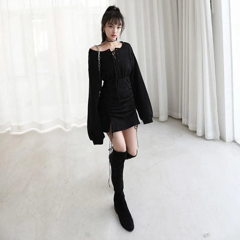 Lace Up Off Shoulder Hoodie Dress