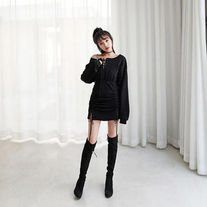 Lace Up Off Shoulder Hoodie Dress