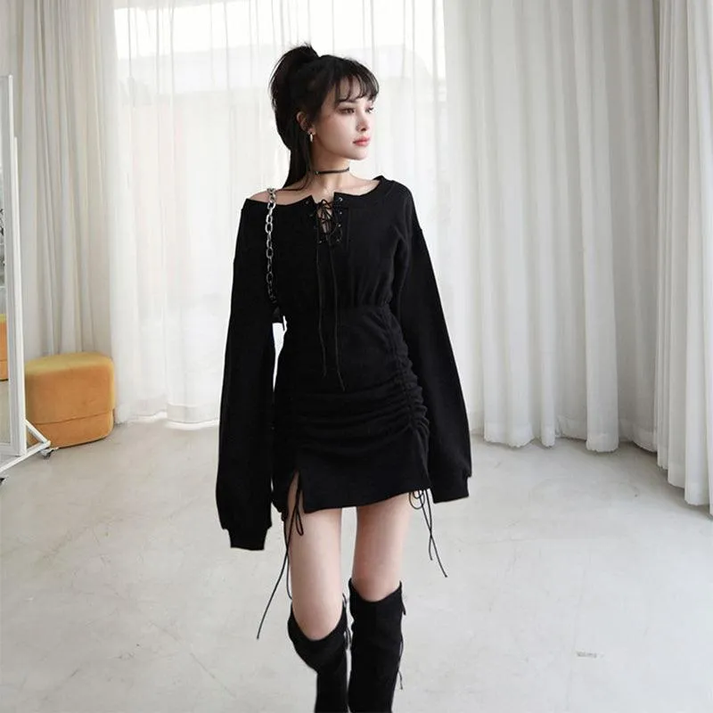 Lace Up Off Shoulder Hoodie Dress