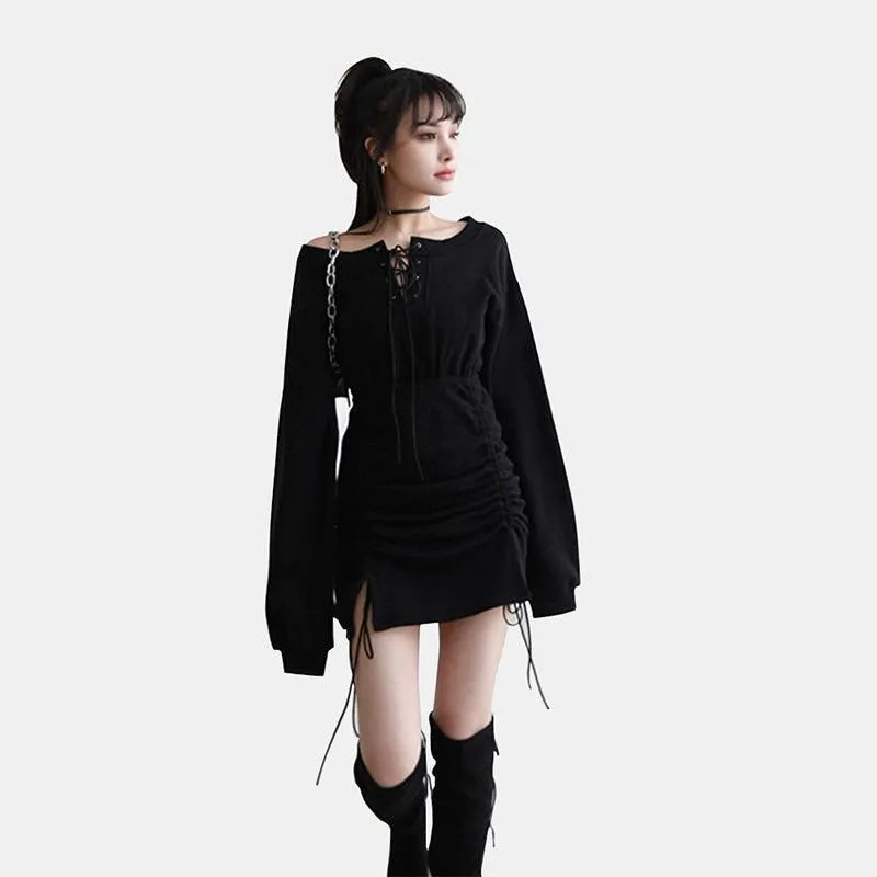 Lace Up Off Shoulder Hoodie Dress