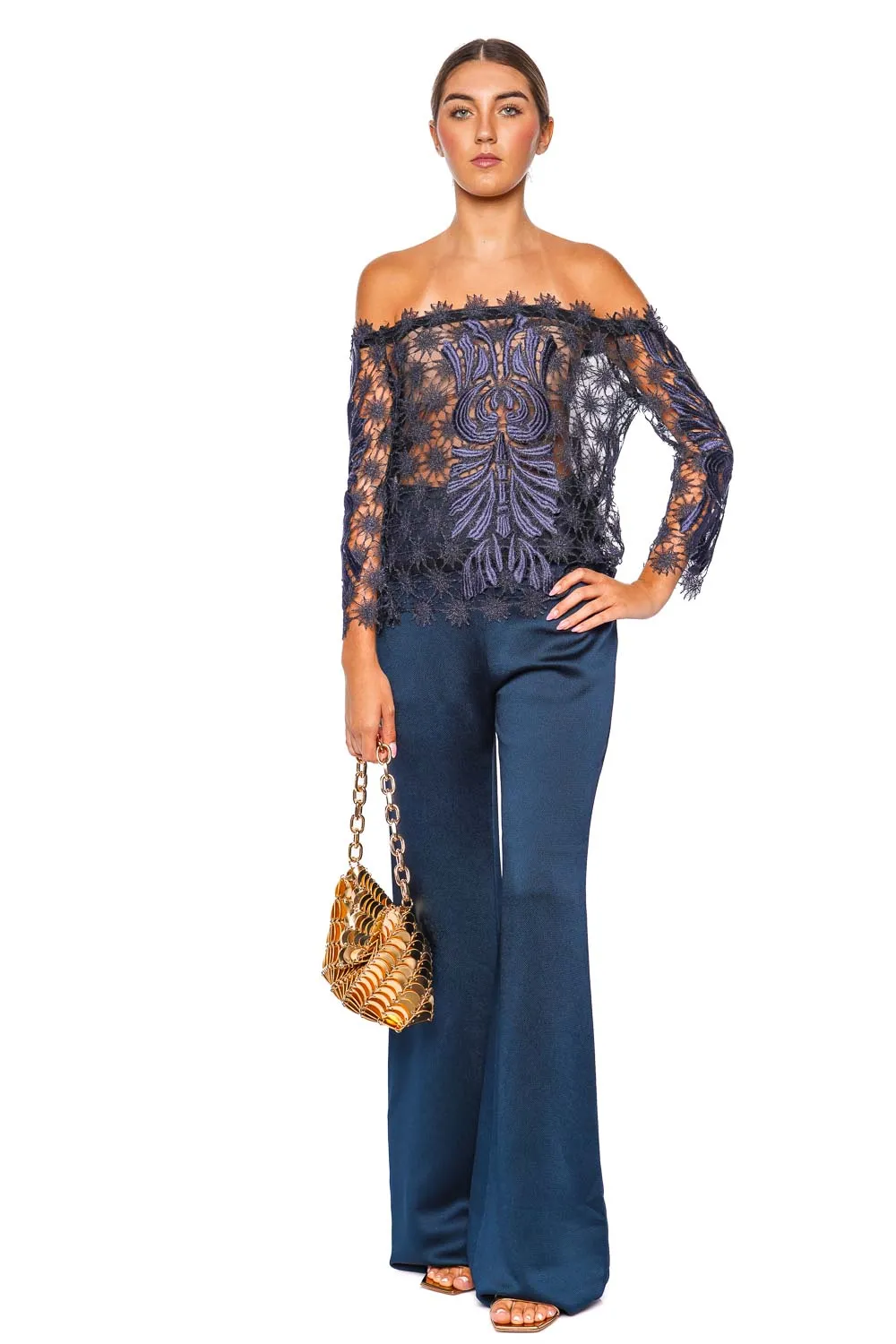 Lala Navy Off Shoulder Lace Top