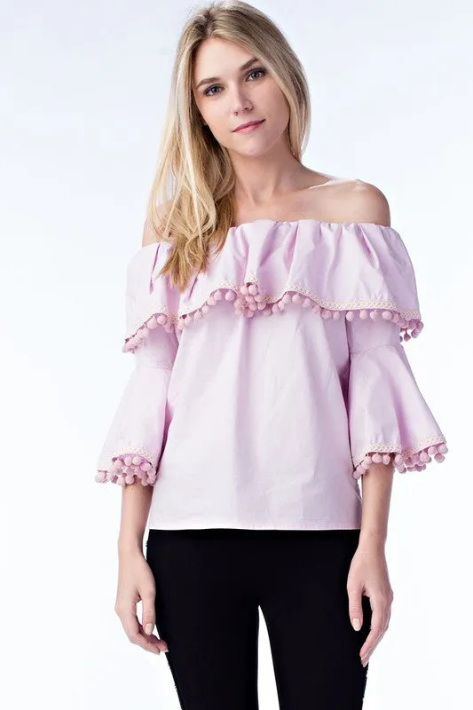 Lavender Off Shoulder Pom Pom Top