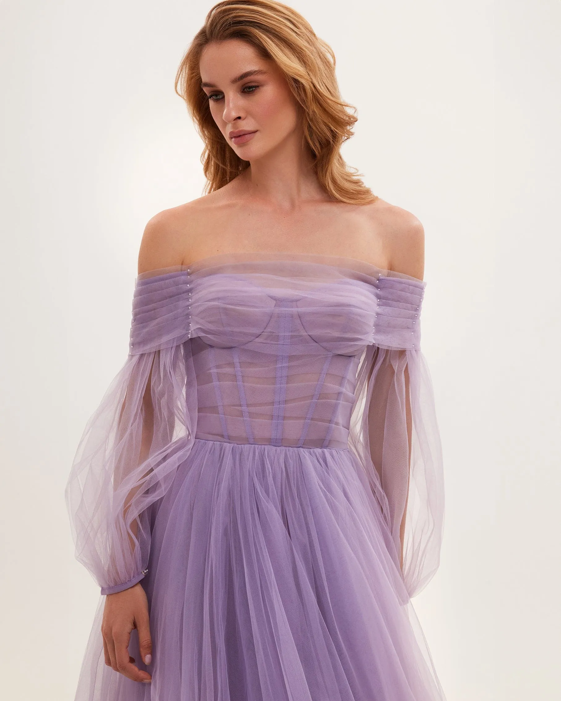 Lavender Sheer Sleeves Maxi Tulle Dress