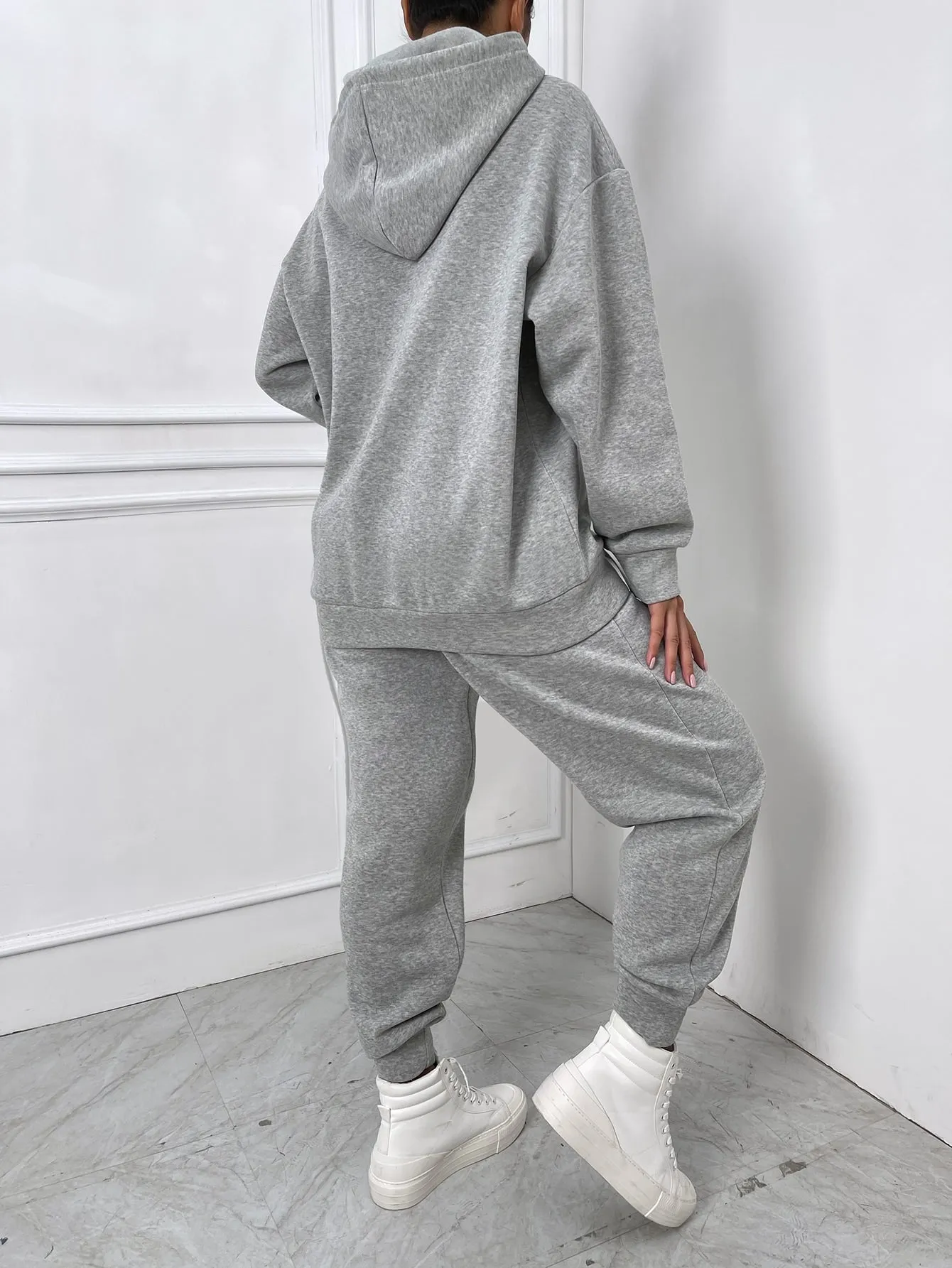 Letter Embroidery Drop Shoulder Hoodie Sweatpants