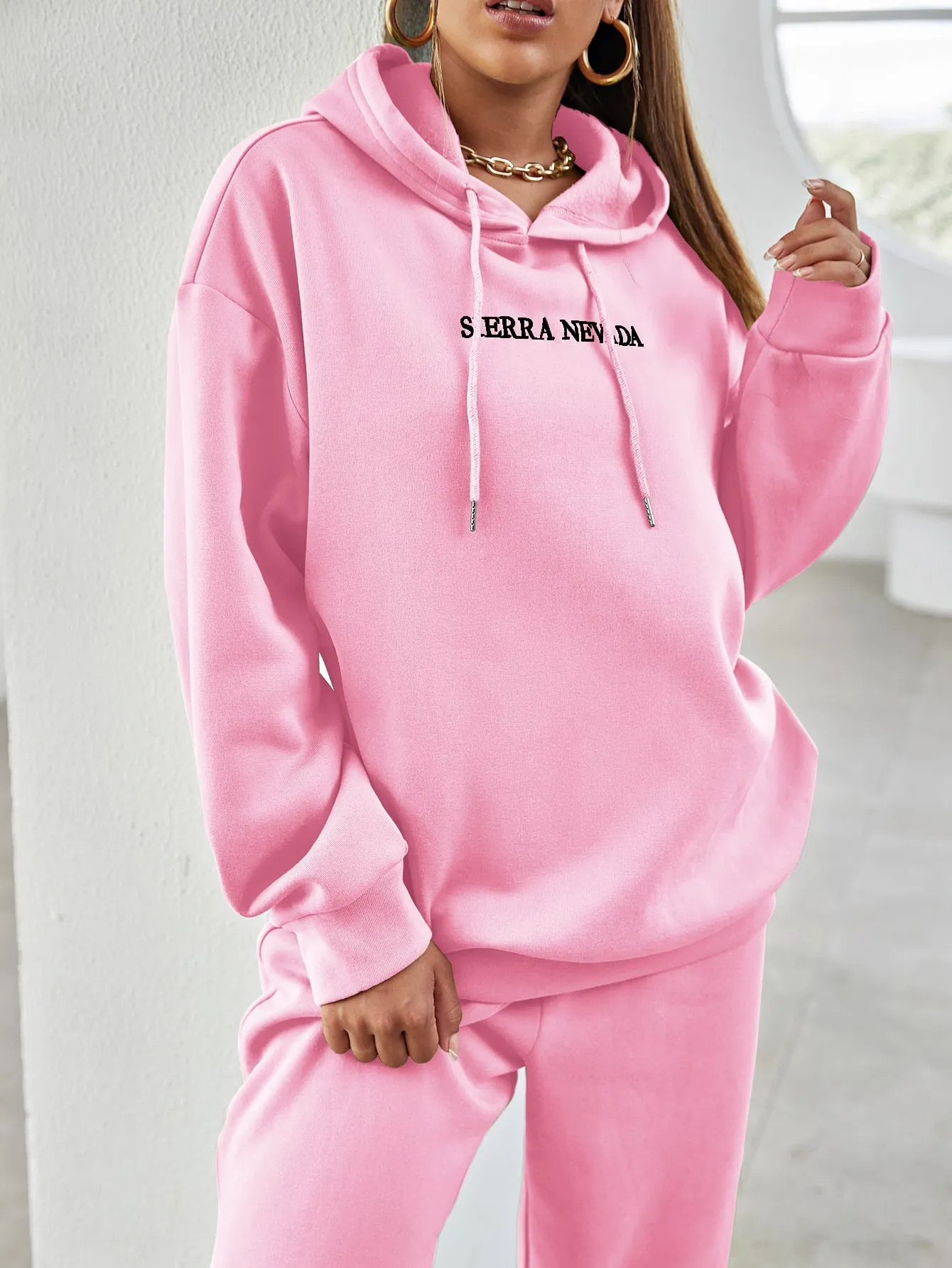 Letter Embroidery Drop Shoulder Hoodie Sweatpants