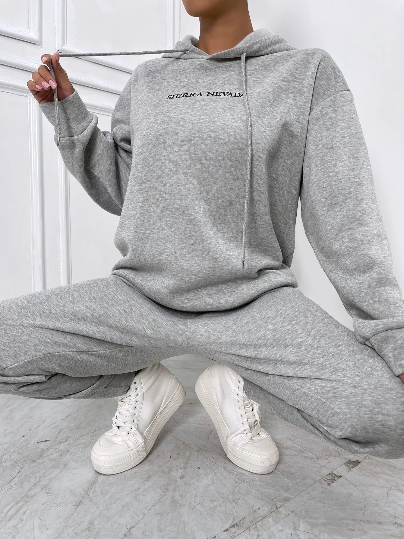 Letter Embroidery Drop Shoulder Hoodie Sweatpants