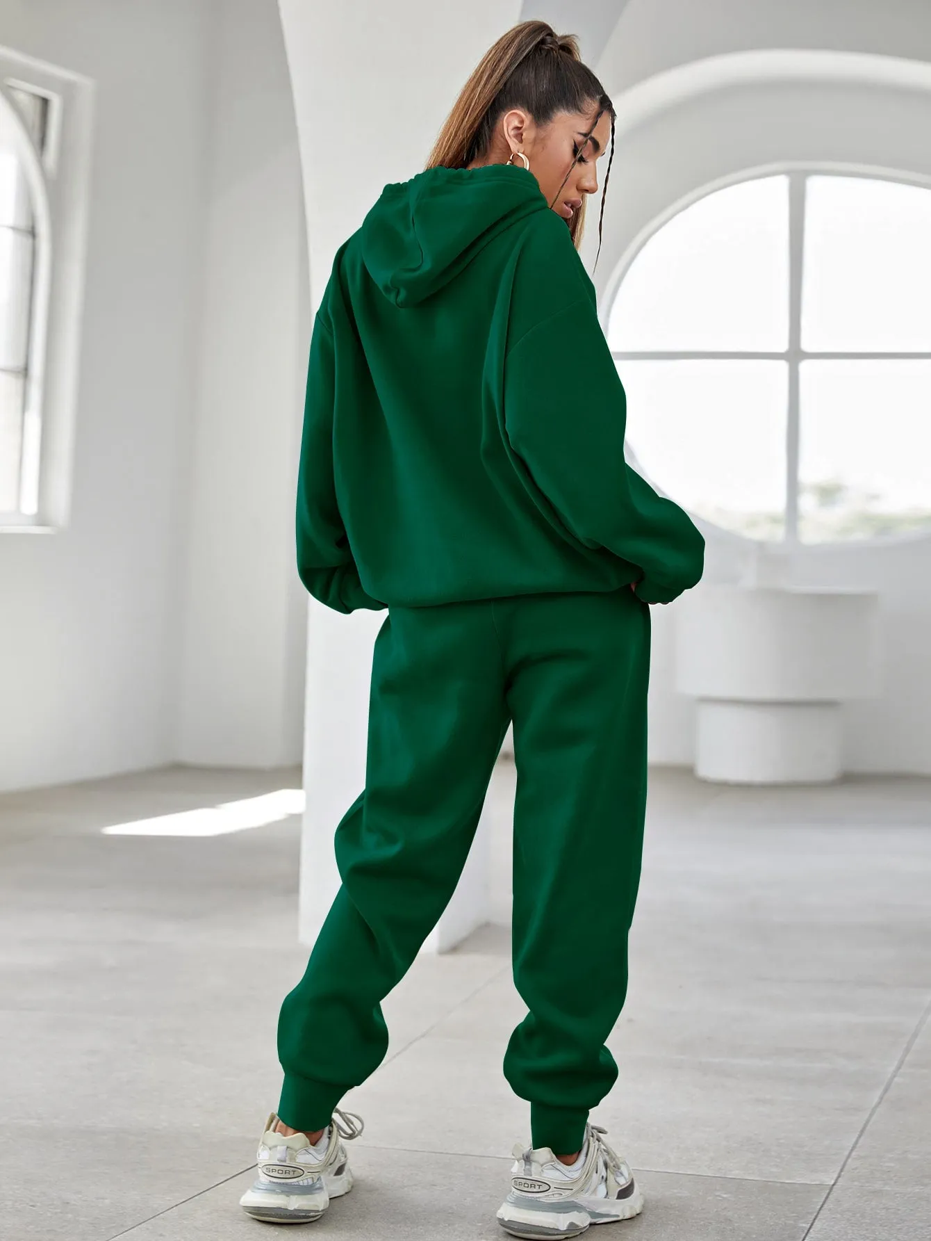 Letter Embroidery Drop Shoulder Hoodie Sweatpants