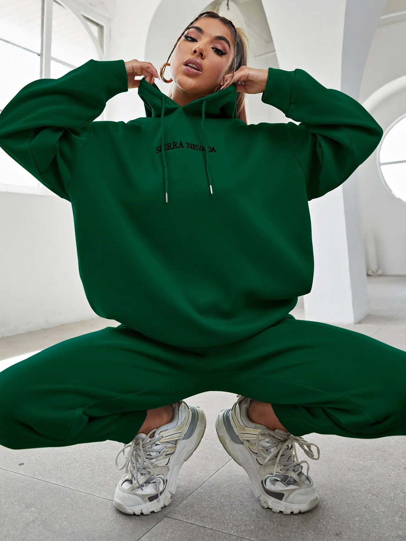 Letter Embroidery Drop Shoulder Hoodie Sweatpants