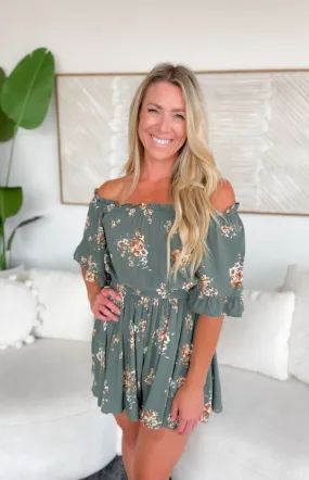 Lexi Off The Shoulder Green Floral Romper