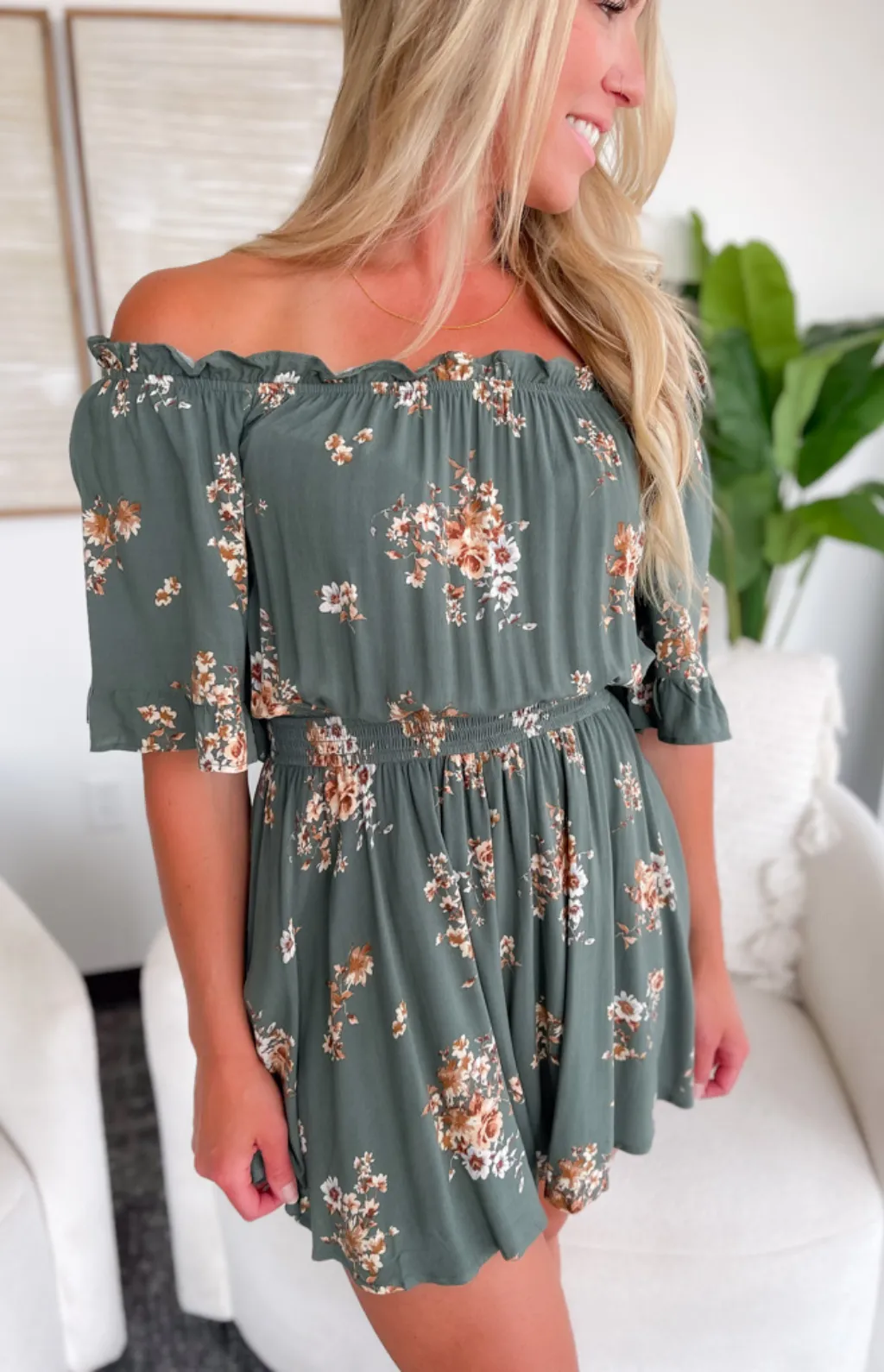 Lexi Off The Shoulder Green Floral Romper