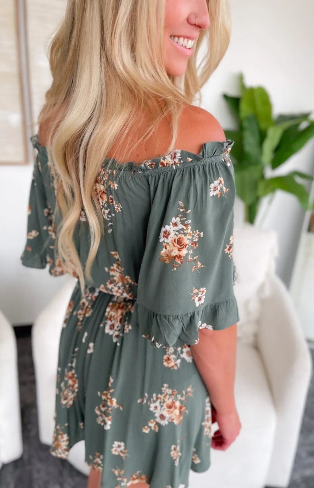 Lexi Off The Shoulder Green Floral Romper