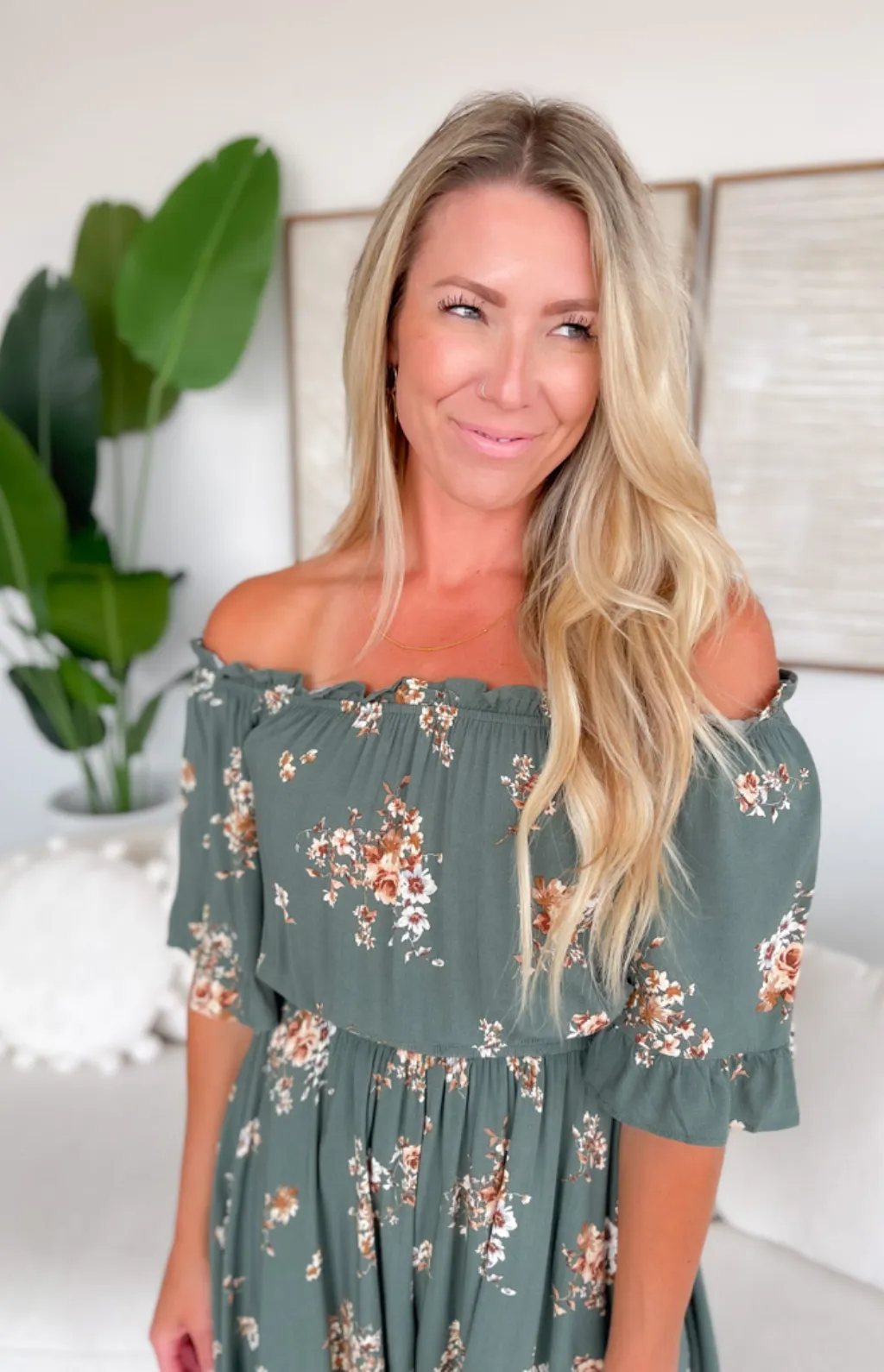 Lexi Off The Shoulder Green Floral Romper