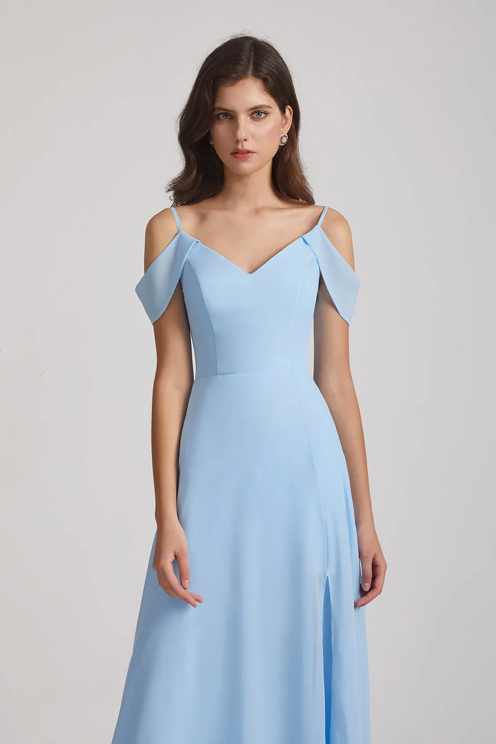 Light Sky Blue A-Line Cold Shoulder Chiffon Bridesmaid Dresses (AF0094)