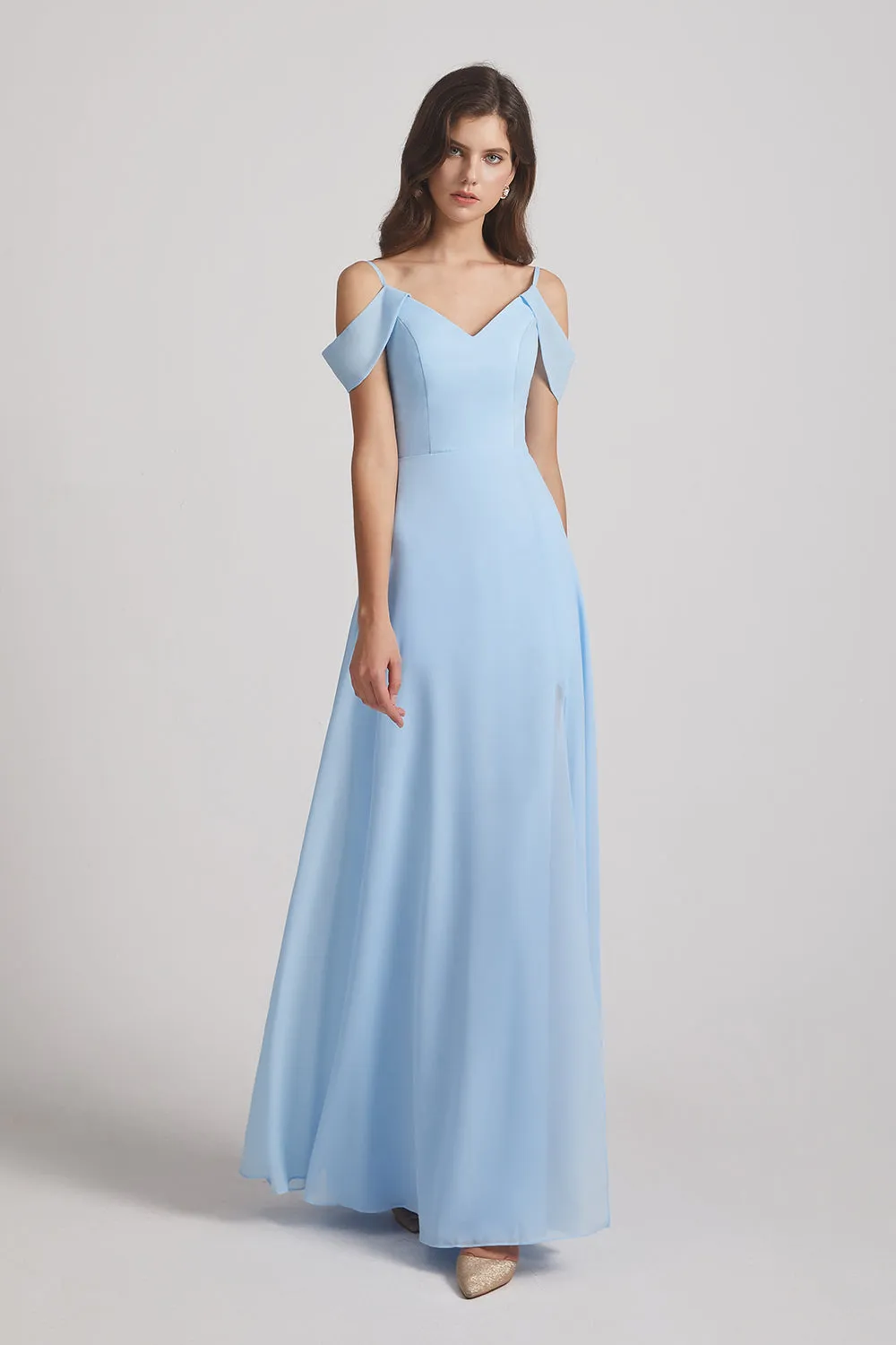 Light Sky Blue A-Line Cold Shoulder Chiffon Bridesmaid Dresses (AF0094)