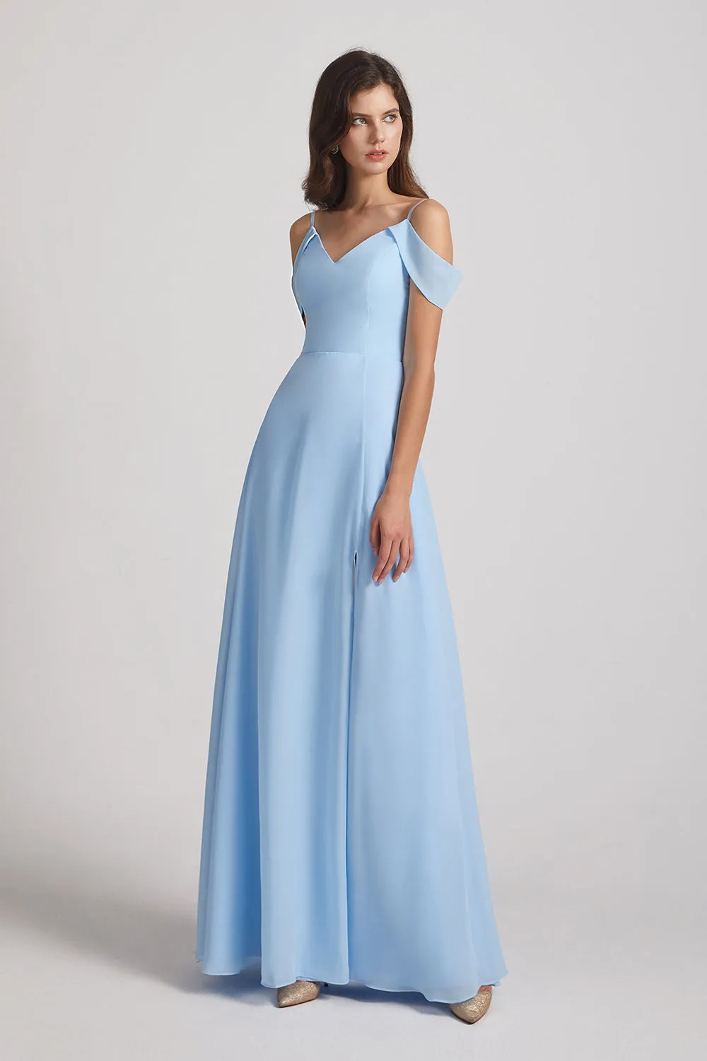 Light Sky Blue A-Line Cold Shoulder Chiffon Bridesmaid Dresses (AF0094)