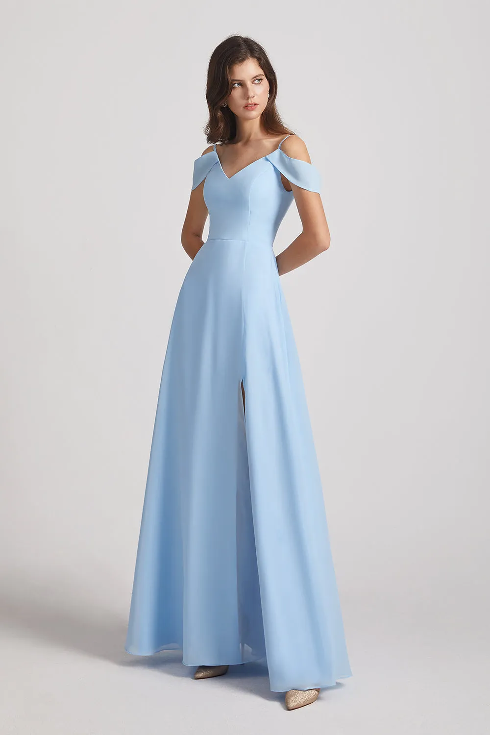 Light Sky Blue A-Line Cold Shoulder Chiffon Bridesmaid Dresses (AF0094)