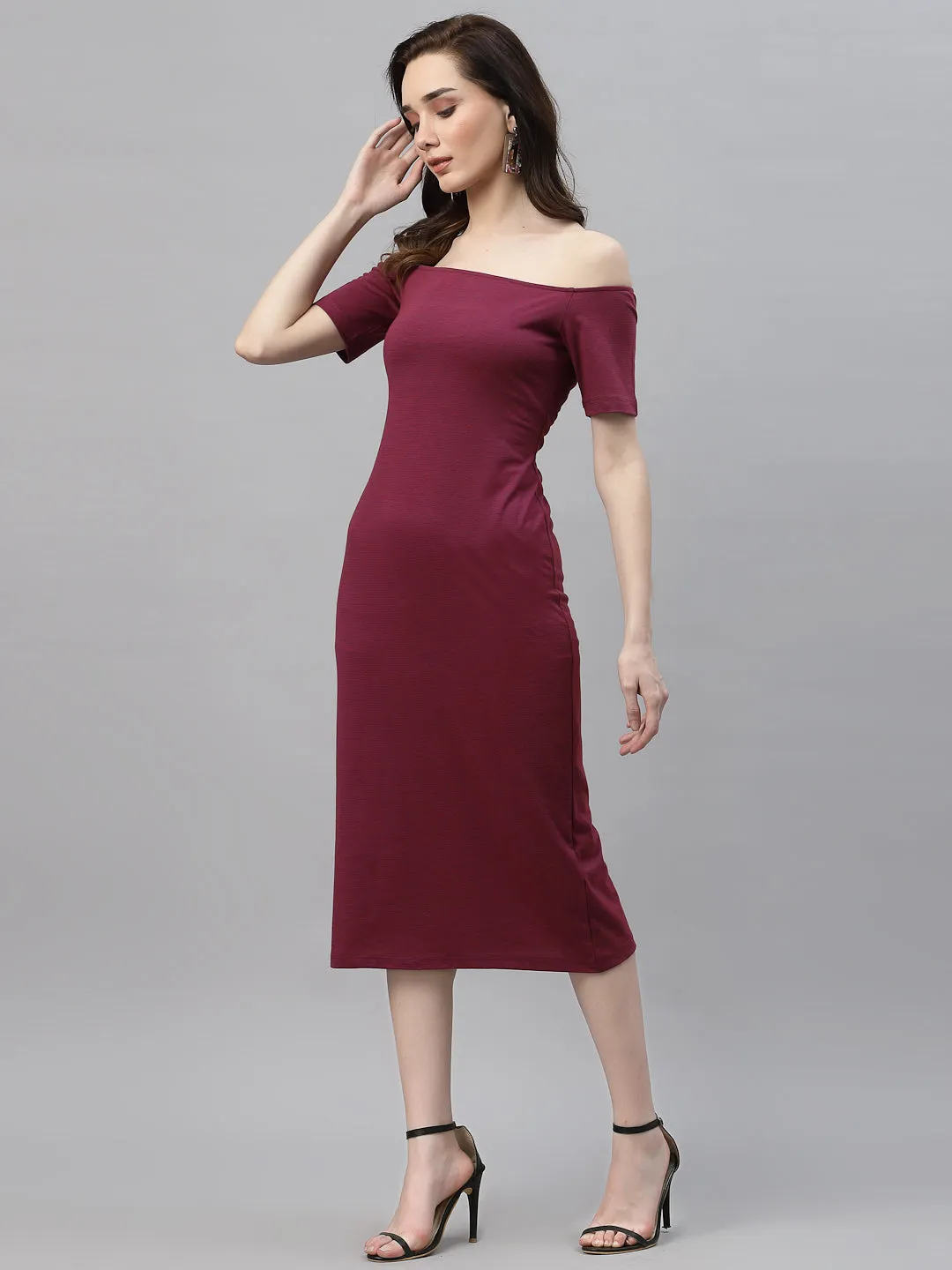 Magenta Self Texture Off Shoulder Bodycon Dress