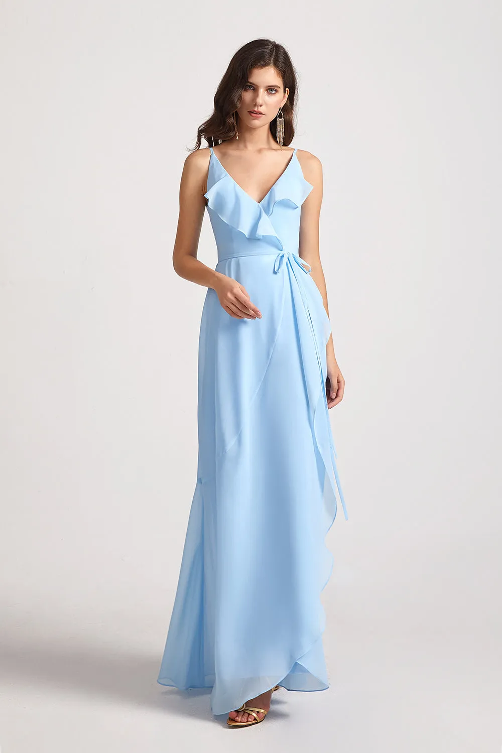 Maxi Wrap Singlet Bridesmaid Dresses with Tie Detail and Frills (AF0143)