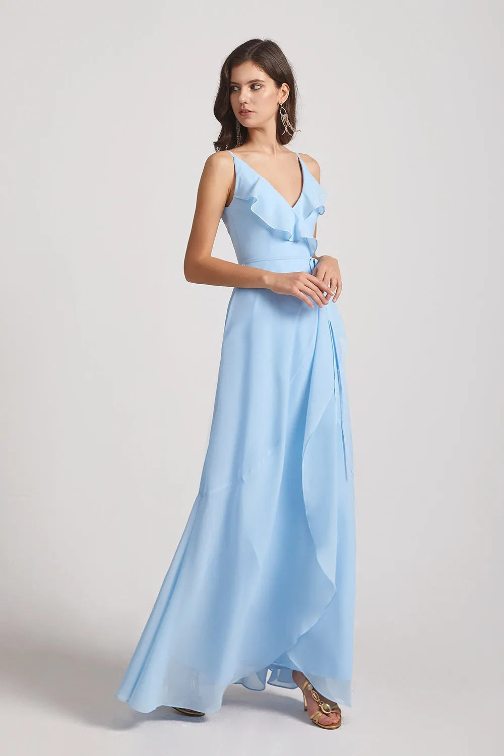 Maxi Wrap Singlet Bridesmaid Dresses with Tie Detail and Frills (AF0143)