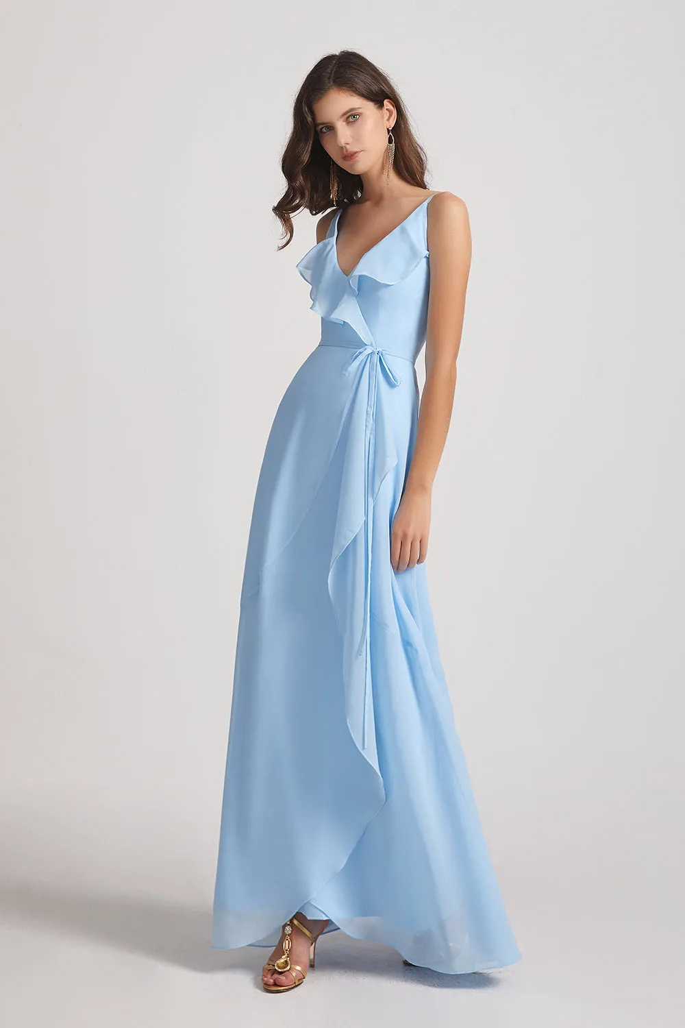 Maxi Wrap Singlet Bridesmaid Dresses with Tie Detail and Frills (AF0143)