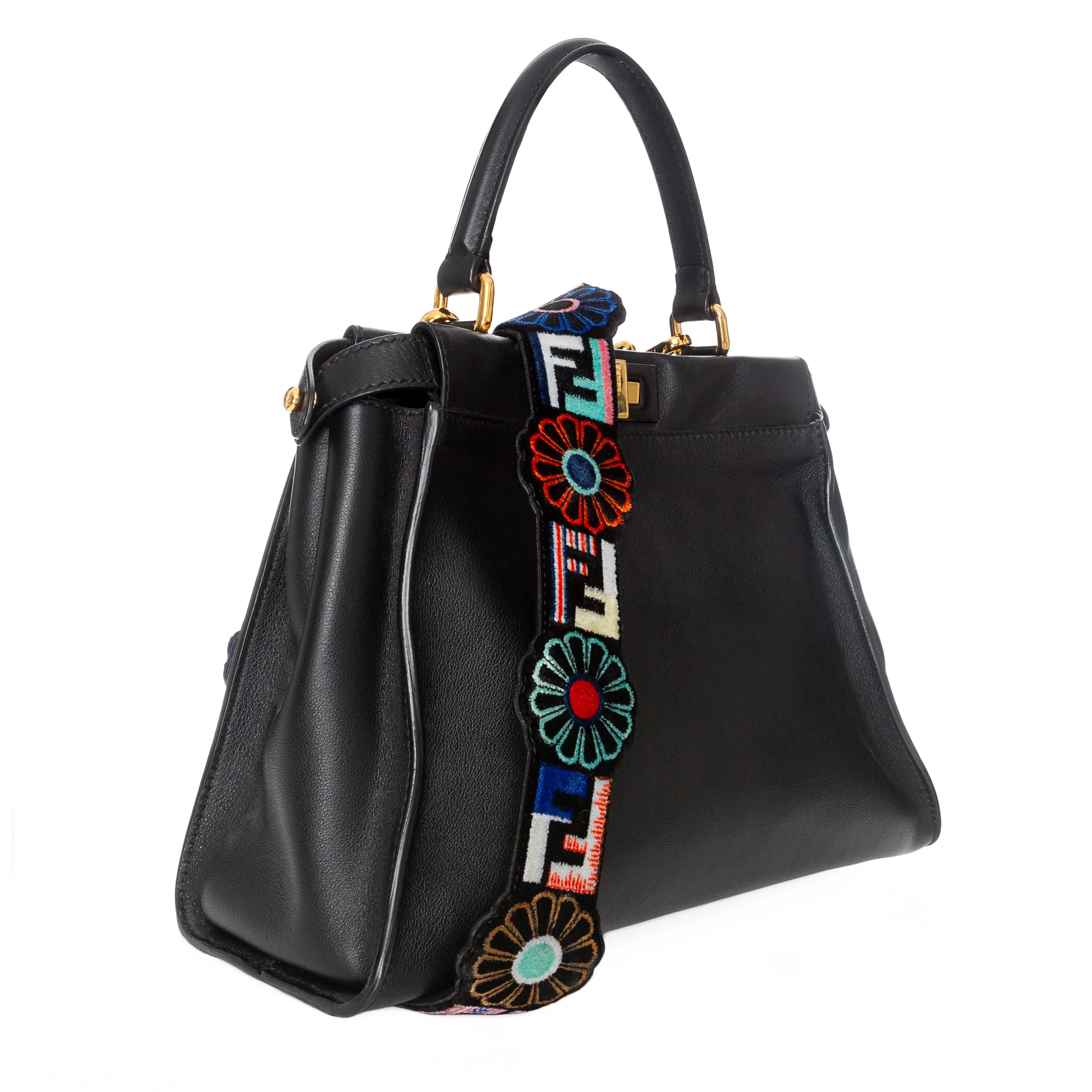 Medium Peekaboo Black Leather Floral Strap Two-Way Bag